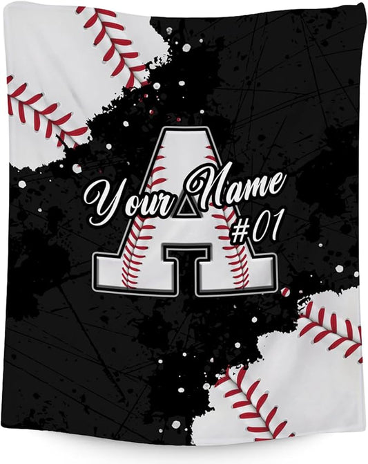 Personalized Baseball Blanket - Custom Initial Name Gifts for Boys - Soft Sports Flannel Throw for Kids Son - 30x40 Inches Chair Blanket - Cool Ideas Decoration for Baseball Lovers