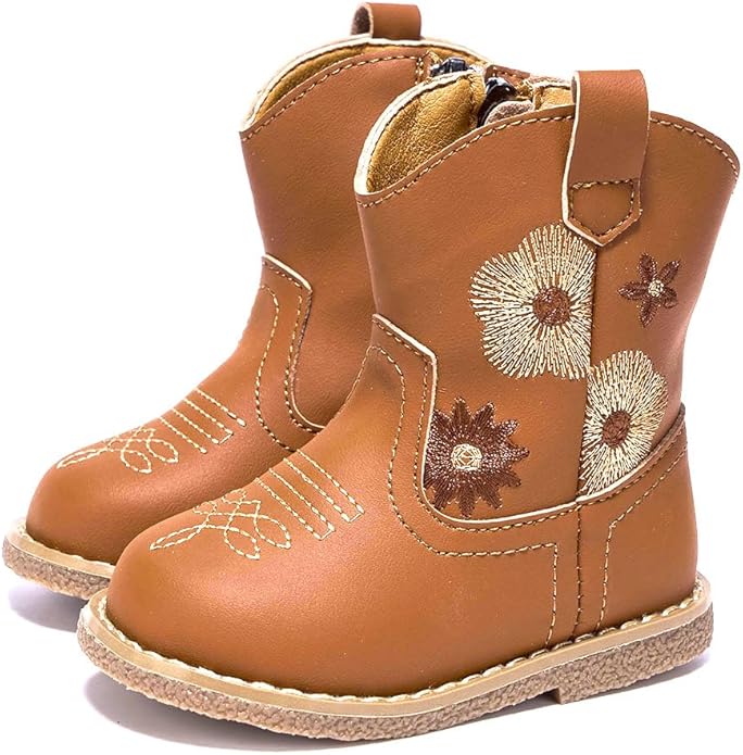 Newsonet Baby Cowboy Cowgirl Boots Infant Western Boots Toddler Boys Girls Round Toe Riding Mid Calf Boots All Seasons for 6 9 12 18 24 Months