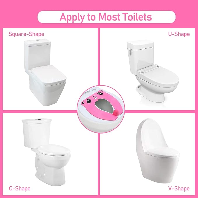 Folding Toilet Seat Toddler, Portable Toilet Training Seat for Kids, Foldable Travel Toddler Toilet Seat in ABS Material with 8 Anti Slip Silicon Pads and 1 Carry Bag, Pink Panda