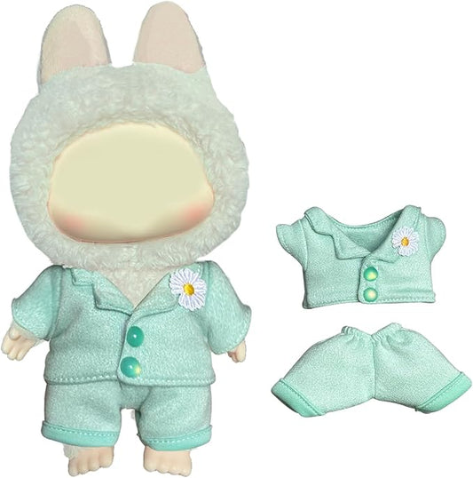 Light Blue Daisy Outfit Set for Labubu Dolls, Two-Piece Clothes with Flower for Labubu 15-17cm Figures, Cute Top & Pants Compatible with Labubu