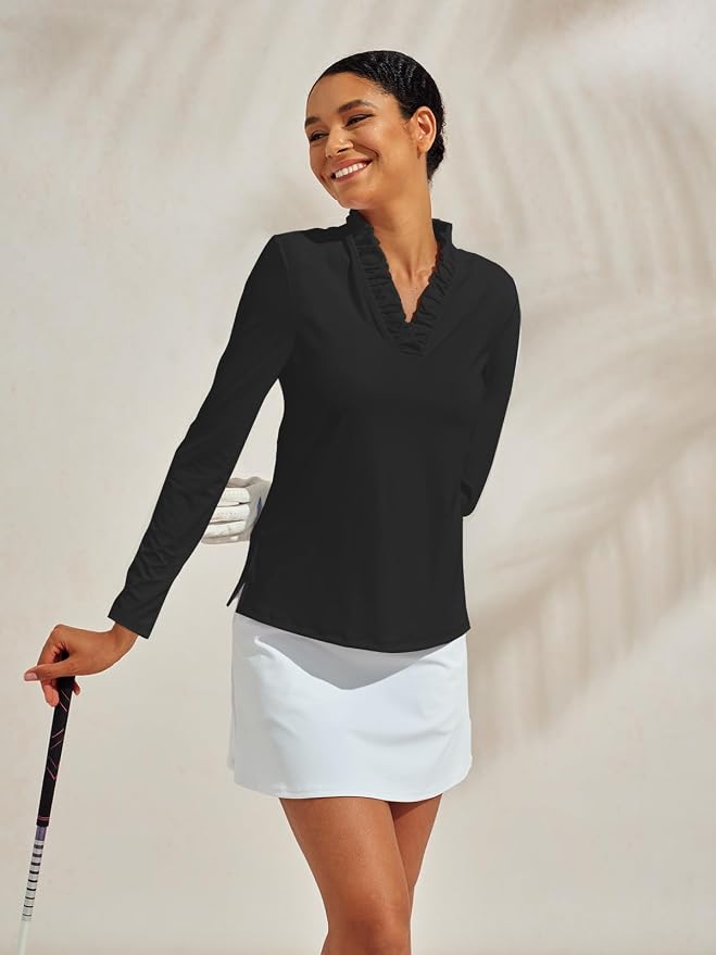 ACEGOLFS Womens Golf Polo Shirts Casual Ruffle V Neck Long Sleeve Tops for Women UPF 50+ Rash Guard Ladies Pullover Shirt
