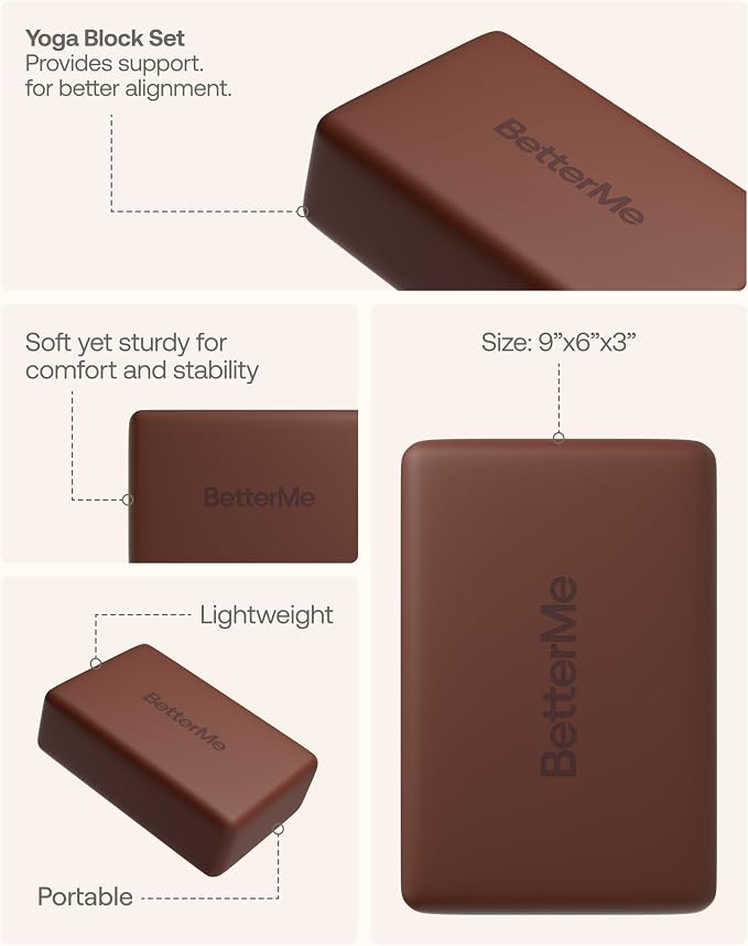 BetterMe Yoga Blocks Set of 2 – High Density Foam Yoga Blocks for Stretching, Pilates & Workouts – Lightweight Non-Slip Exercise Blocks for Flexibility & Balance