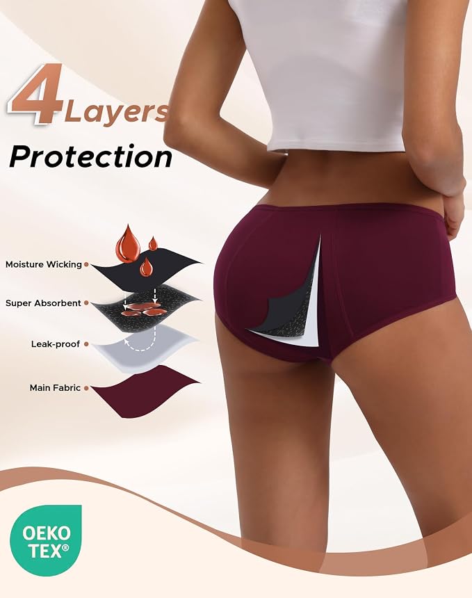 INNERSY Period Underwear for Women Teens Leak-Proof Menstrual Cotton Protective Hipster Panties 3-Pack