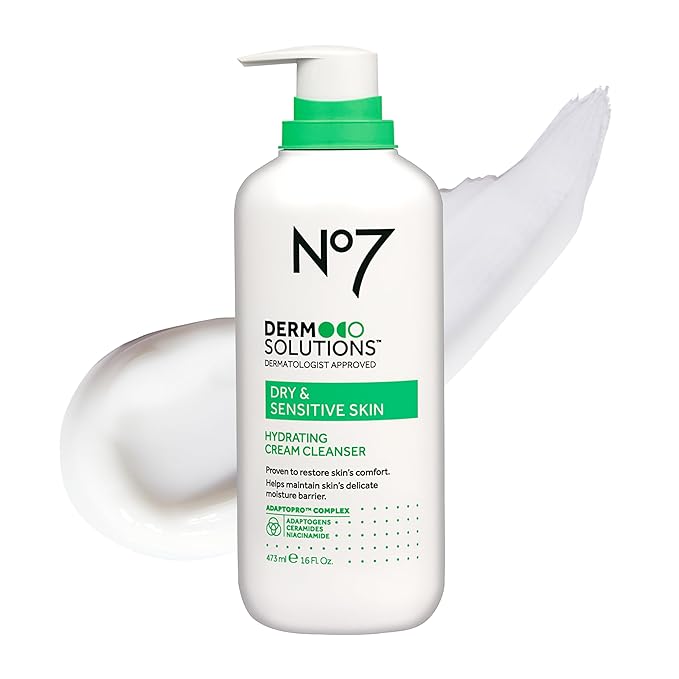 No7 Derm Solutions Hydrating Facial Cleanser - Gentle Cream Face Wash Formulated with Ceramides, Niacinamide & Adaptogens to Help Maintain Skin's Moisture Barrier - For Dry & Sensitive Skin (16 Fl Oz)