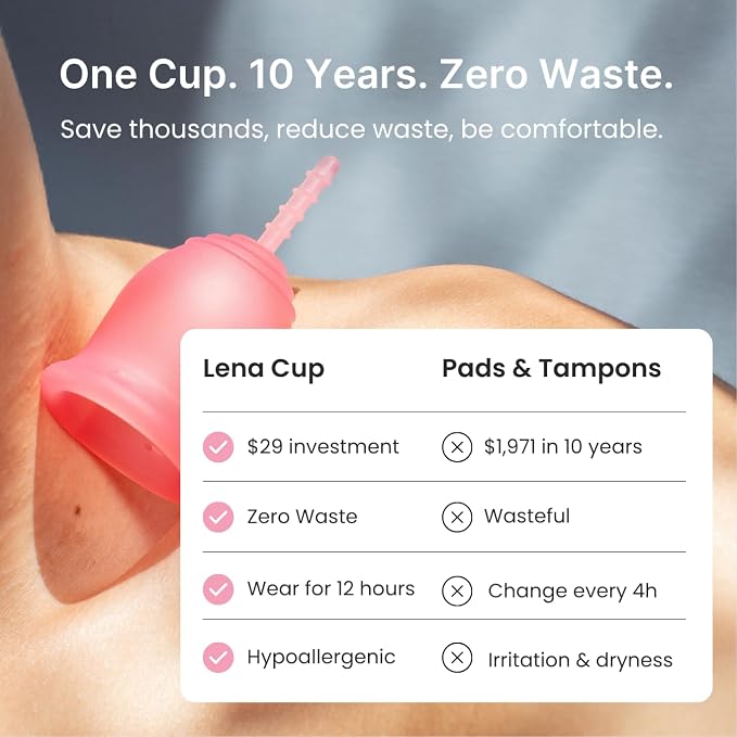 Lena Sensitive Menstrual Cups 2-Pack Ultra-Soft Set (Small & Large) Medical-Grade Silicone Period Cup for Women Heavy Flow, Reusable and Comfortable 12-Hour Leak-Free Protection (Original & Sensitive)