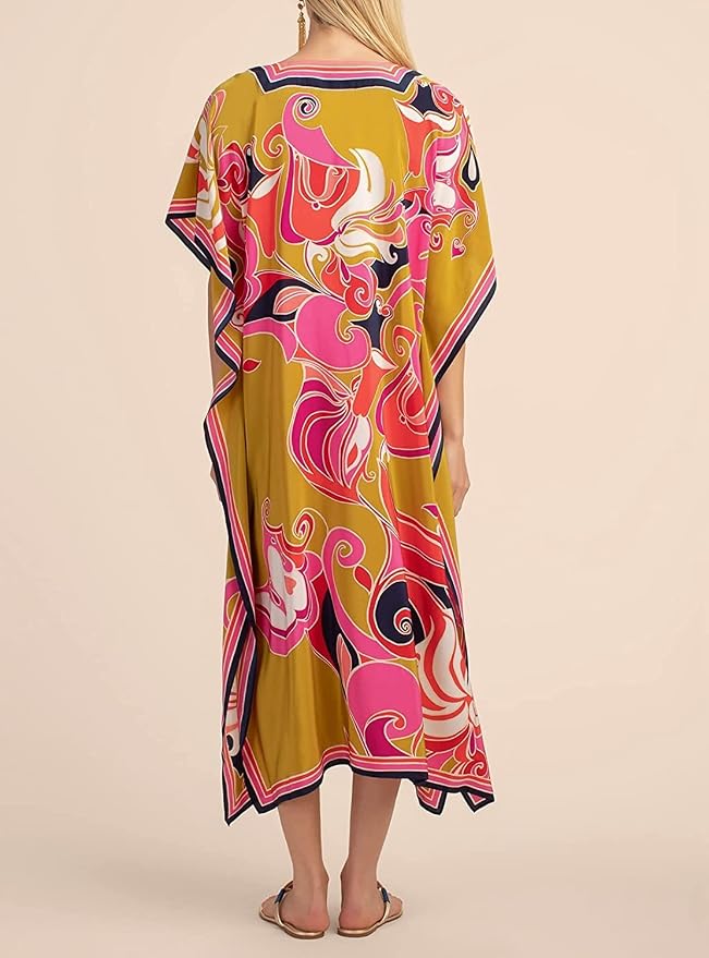 Venasha Womens Caftan Floral Print Kaftan Dress Short Sleeve Swimsuit Cover up Loungewear for Summer