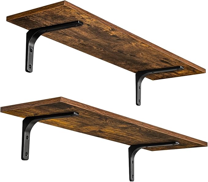 DINZI LVJ Long Wall Shelves, 31.5 Inch Wall Mounted Shelves Set of 2, Easy-to-Install, Wall Storage Ledges with Sturdy Metal Brackets for Living Room, Bathroom, Bedroom, Kitchen, Rustic Brown | Easy-to-Install