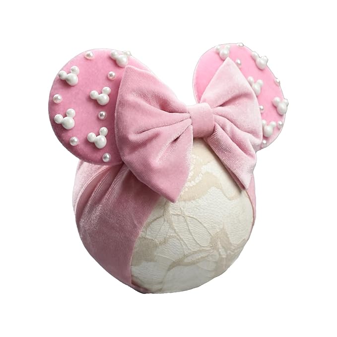JIAHANG Baby Girl Pink Velvet Mouse Ears Turban Headband with Pearls, Beaded Velvet Hair Bow Hairband for Infants Toddlers Kids