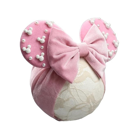 JIAHANG Baby Girl Pink Velvet Mouse Ears Turban Headband with Pearls, Beaded Velvet Hair Bow Hairband for Infants Toddlers Kids