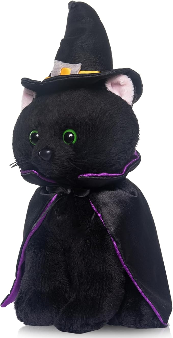 My OLi Halloween Black Cat Plush Toy - Soft Stuffed Black Cat with Witch Hat and Cloak - Spooky Halloween Party Decoration & Stuffed Animal Gift for Kids Toddlers