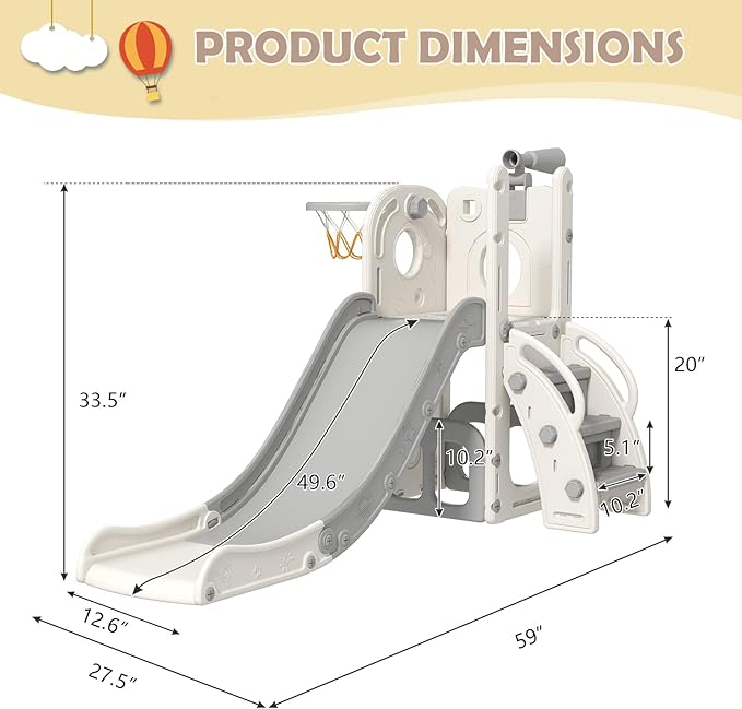 kinbor 6 in 1 Toddler Slide PlaySet - Indoor Outdoor Fun for Kids Ages 1-3, Includes Basketball Hoop, Telescope, Storage & Climber, Safe, Sturdy Baby Slide for Backyard Playground, White+Gray