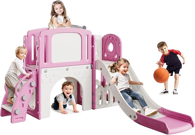 8-in-1 Toddler Slide, Toddler Outdoor Playset, with Toddler Climber and Kids Slide, Includes Basketball Hoop, Telescope, Tunnel, and Storage Space for Backyard & Courtyard
