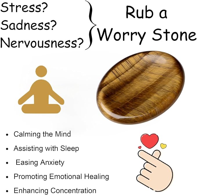 Thumb Worry Stone Tiger Eye Crystal Stone Healing Crystals Natural Oval Fidget Mental Health Gifts Stress Relief Small Trinkets Depression Gemstones Reiki Anxiety Relief Items for Women Men