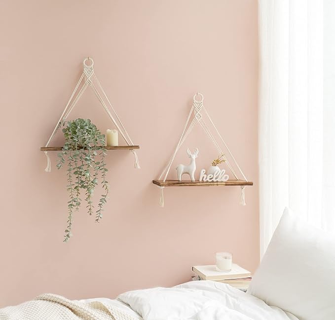 Mkono Macrame Hanging Shelves Boho Wall Decor Set of 2 Floating Wood Shelf | Cute Room Decor for Teen Girls Display Storage Shelves for Hanging Plant Photos Fit Bedroom Bathroom Living Room Nursery Dorm