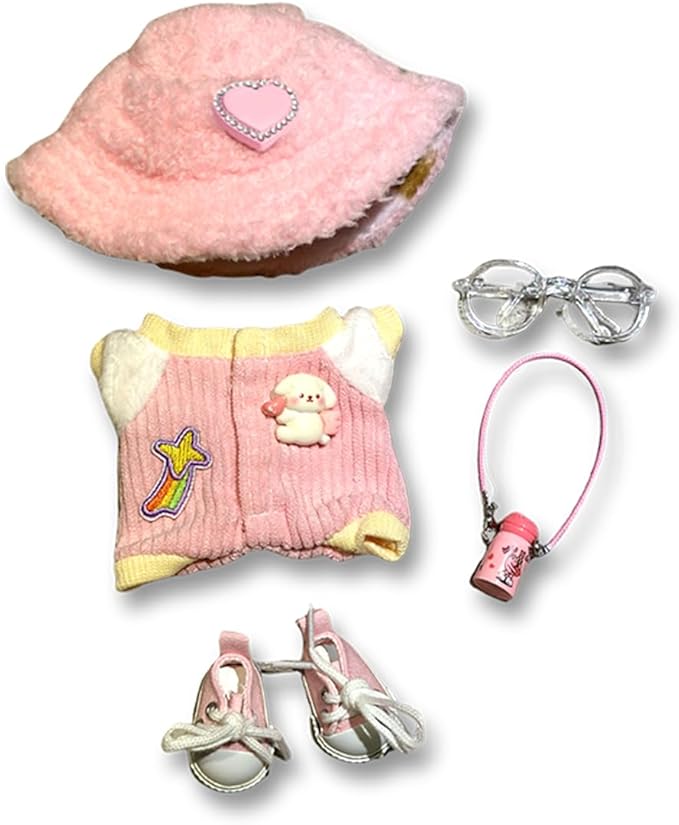5 Set 17cm Doll Clothes -Clothes for Dolls Outfit - Accessories for 17cm Dolls Clothes +Light Pink Heart-Shaped Velvet hat + Small Camera + Glasses + Canvas Shoes, No Doll Included (Style J)