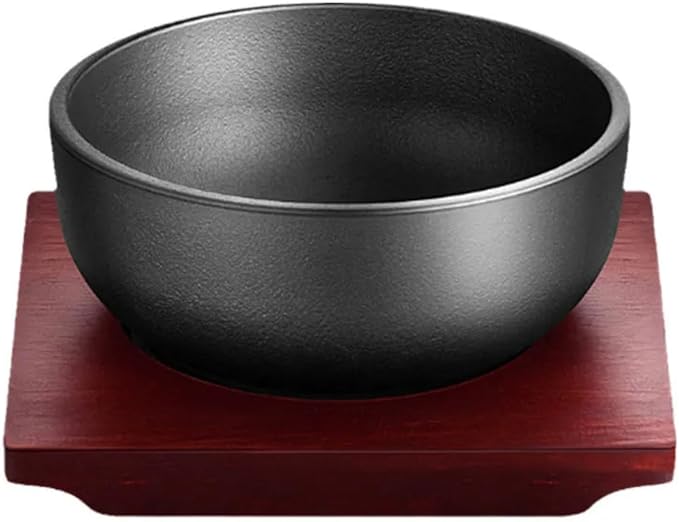XICHENGSHIDAI Cast Iron Dolsot Bibimbap Bowl, 31 Oz, Wooden Base | Heat-retaining Korean bowl for sizzling rice, bibimbap, soup and stew; includes a wooden base for convenient table serving.