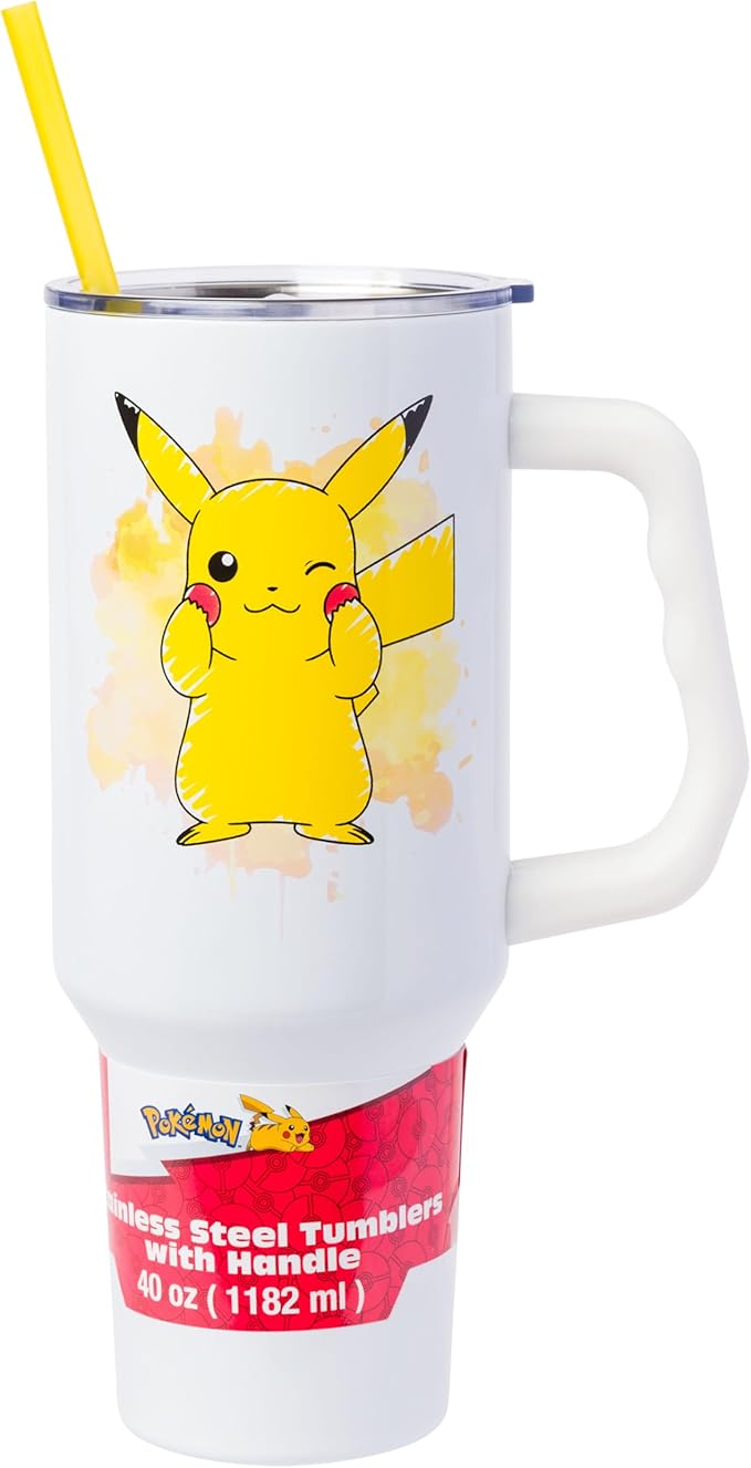 Silver Buffalo Pokémon Double Walled Stainless Steel Tumbler with Handle Featuring Pikachu, Fits in Standard Cup Holder, 40 Ounces