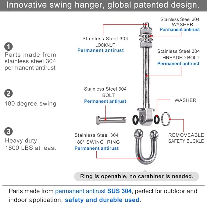 SELEWARE Set of 2 Heavy Duty Swing Hanger 1800LB Capacity, M10 x 9.3" Swing Bolts, Stainless Steel Swing Hooks for Wood and Steel Beam Yoga Hammock Chair Punching Bag Porch Swing Sets Seat
