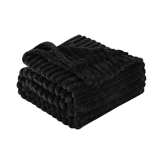 Black Fleece Throw Blanket 50”×60” for Couch Sofa Livingroom | Super Soft Cozy Plush Microfiber Flannel Bed Blanket Striped Design Lightweight Home Decor Gifts for Adults Mom Women