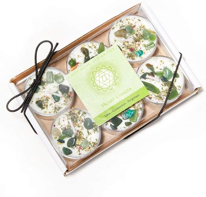 Heart Chakra Candle by New Moon Beginnings - Chakra Candles - Dried Flower, Herb, & Crystal Candles - Aromatherapy Candles - Soy Candle - Set of 6 Tealights