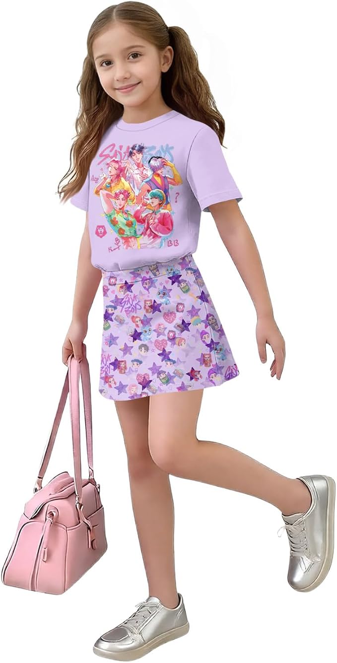 HTHLVMD K Pop Short Sleeve T-Shirt and Skirts Outfits Set for Girls Hunters Rumi Mira Zoey Graphic Tees De-Mon Costume