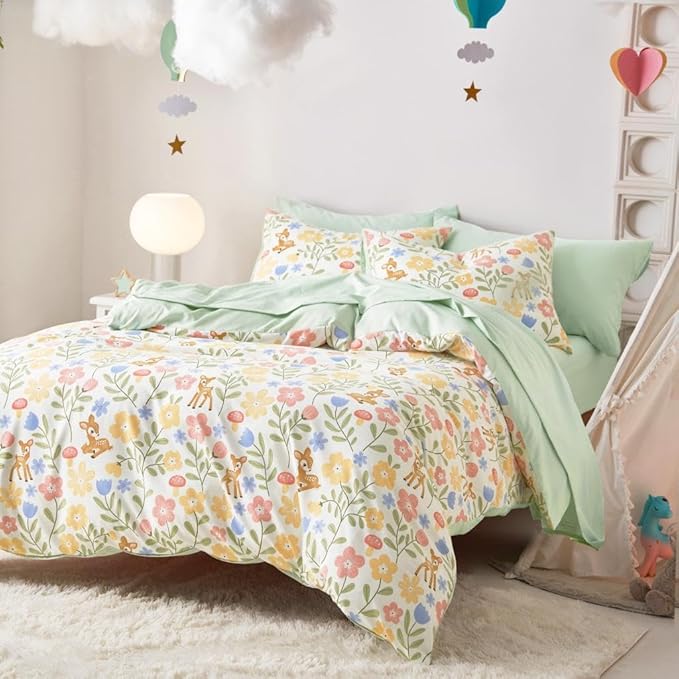 Wake In Cloud - Floral Bedding Set for Girls, Cute Colorful Botanical Flowers Deers Patterned Soft Lightweight Comforter Set with Sheets, 7 Pieces Kids Bed in a Bag, Green Cream, Full Size