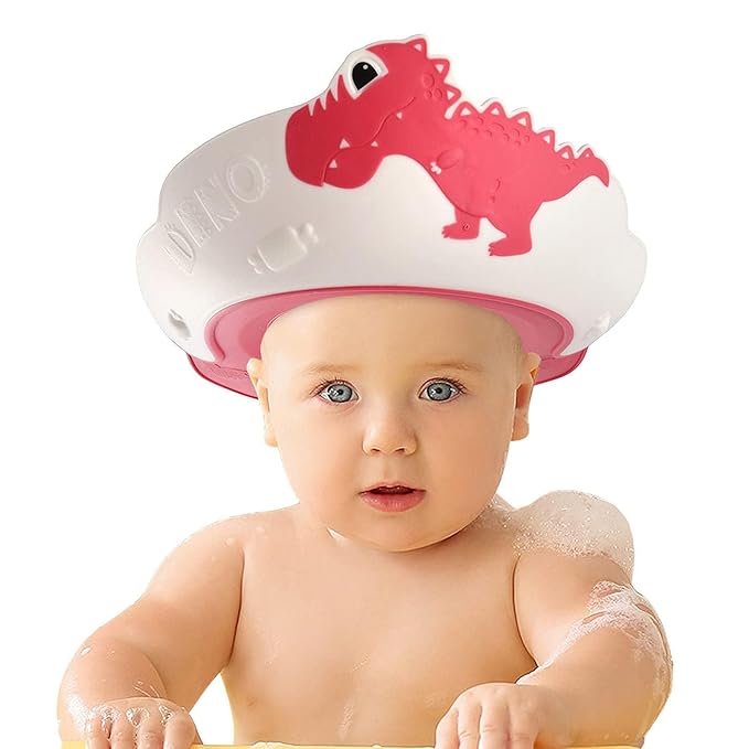FUNUPUP Baby Shower Cap for Kids, Baby Bath Shampoo Visor Cap Hair Washing Shield Adjustable Silicone Bath Hat for Toddler Girls and Boys (Dinosaur,Red)
