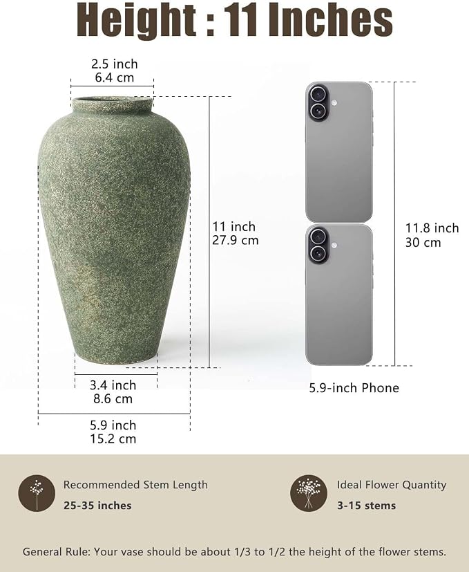 Green Ceramic Vase 11 Inch, Large Tall Decorative Vase for Centerpieces, Farmhouse Rustic Flower Vase for Home Decor, Living Room, Console, Wedding