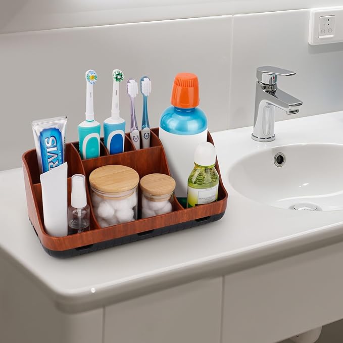 GFWARE Bathroom Decor and Accessories - Detachable 7 Slots Kids Electric Toothbrush and Toothpaste Holde for Bathroom Tray Countertop Vanity Storage, Bathroom Sink Storage Organizer, Red Wood