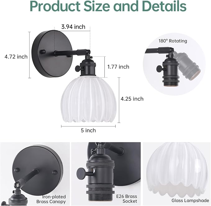 Shenmoyl Vintage Battery Operated Wall Sconce with White Tulip Glass Lampshade Rechargeable Battery Powered Black Wall Light with Remote Control for Bedside Bedroom Doorway
