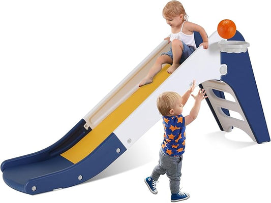 Arlopu Freestanding Kids Slide, Toddler Slide Climber with Basketball Hoop & Ball, Baby Playset w/Long Slope, for Boys and Girls Birthday, Sturdy Playground Toy for Indoor Outdoor Age 3+ (Dark Blue)