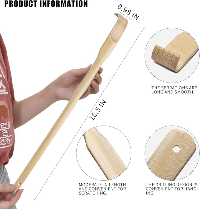 Back Scratcher 16.5in Pack of 5 Bamboo Back Scratchers Gifts for Adults and Elderly Natural Handmade Wood Therapy Massage Tools (5)