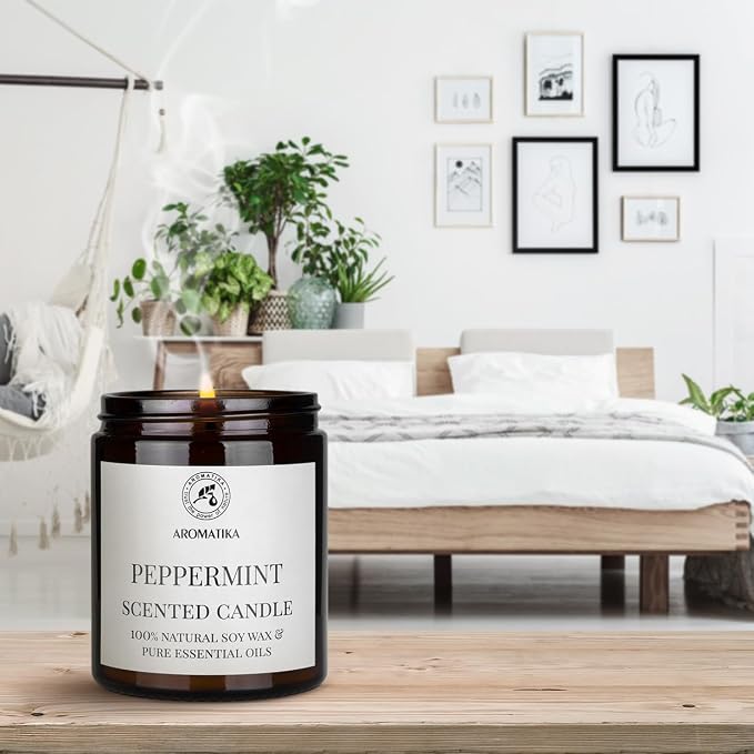 Scented Candle Peppermint - Soy Wax Candles with Essential Oil - Aromatherapy Candle - Soywax 150g - Up to 45 Hours Burn Time - Home Scented Candles - Glass Candle Gift