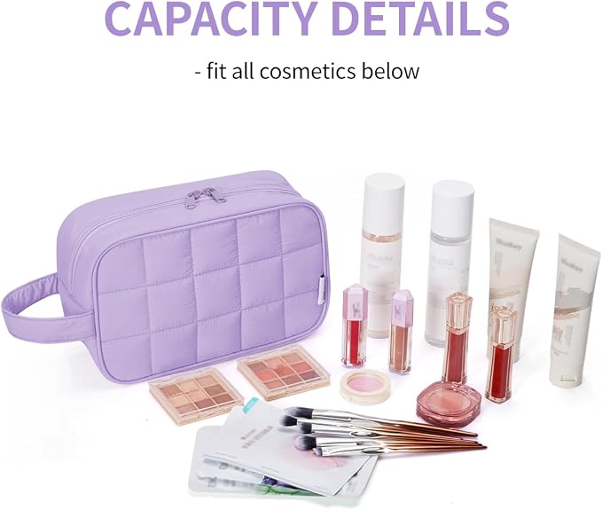 Narwey Quilted Makeup Bag Puffy Make up Bag Cosmetic Bag Organizer, Puffer Travel Toiletry Bag for Traveling Women Girl, Travel Bag for Toiletries, Skincare Medicine Bags (Purple)