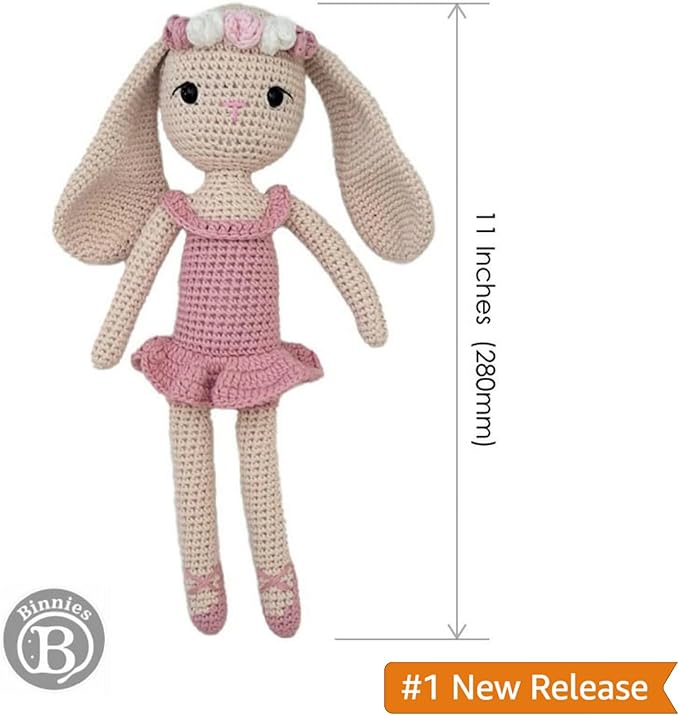 Binnies 11" Ballerina Doll - Stuffed Soft Bunny for Kids – Handmade Crochet Rabbit Toy – Long-Lasting Toddler Comfort Toy – Thoughtful Gift for Girls & Bunny Lovers