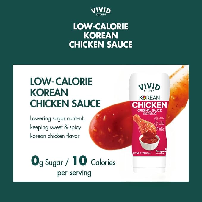 VIVID KITCHEN Korean Chicken Sauce – Low-Calorie, No Preservatives – Sweet and Savory Flavor – Easy Squeeze Bottles – Authentic Korean BBQ Marinade and Dipping Sauce – 2 Pack – 11.33 oz Each