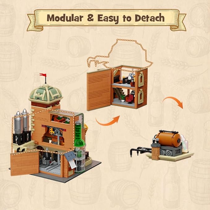Craft Beer Brewery Building Set for Adults – Vintage Microbrewery Factory Model with Modular Architecture, Dynamic Mechanisms, Self-Developed Minifigures & Display-Ready Design