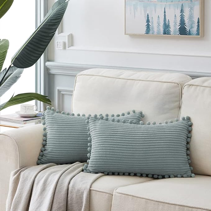 Fancy Homi Pack of 2 Farmhouse Lumbar Decorative Throw Pillow Covers with Pom-poms, Soft Corduroy Solid Rectangle Cushion Cases Set for Couch Sofa Bedroom Living Room (12x24 Inch/30x60 cm, Grey Blue)