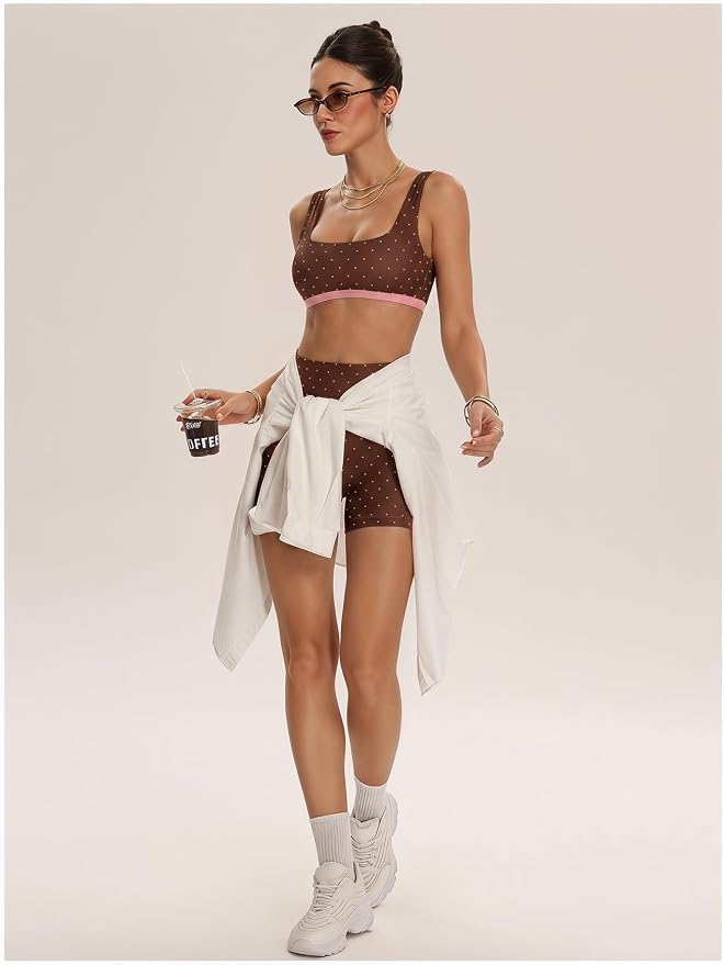 Milumia Women's Polka Dots Workout Set 2 Piece Color Block Bra Tank High Waisted Biker Shorts Layered Matching Yoga Outfit