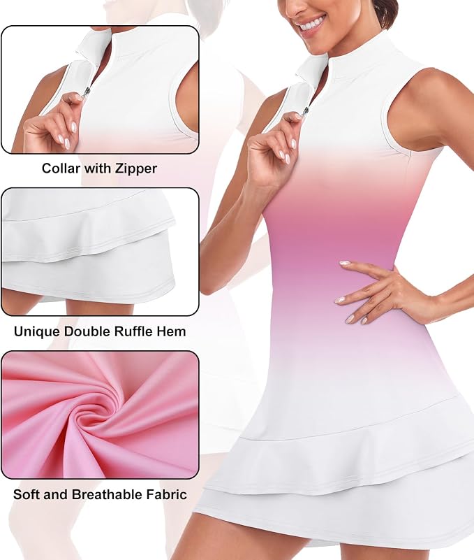 Viracy Tennis Dress for Women Sleeveless Golf Dresses with Shorts and Pockets Ruffle Zip Up Stand Collar Golf Outfits