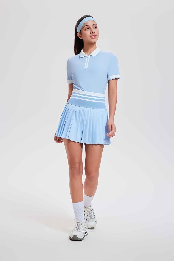 Tennis Skirt Sets for Women Zipper Color Block High Waisted Golf Polo Two Piece Skirt Set Women 2 Piece Outfits