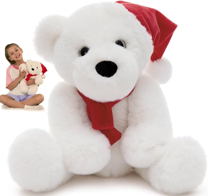 MorisMos Teddy Bear Stuffed Animal, 14'' Christmas Teddy Bear 2025 with Santa Hat & Scarf,180° Joints Posed Plush Toy, oft Stuffed Christmas Toy for Kid Girl Boy Max Decoration Birthday Gift,White