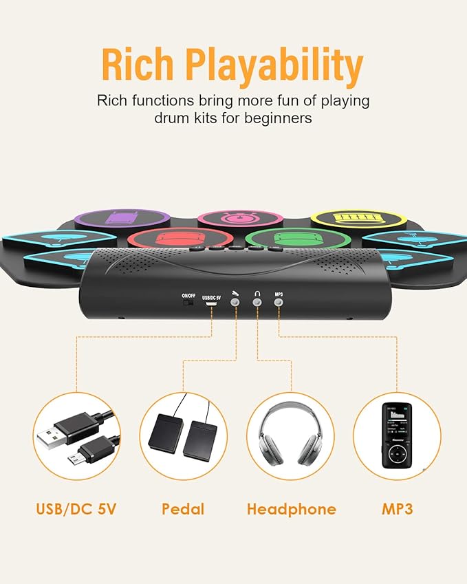 9 Pad Electronic Drum Set, Roll Up Portable Drum Pad Kit with MIDI Bluetooth, Built-in Speaker, Supports Headphone/Bluetooth, Great Christmas & Birthday Gift Gift for Kids and Beginners