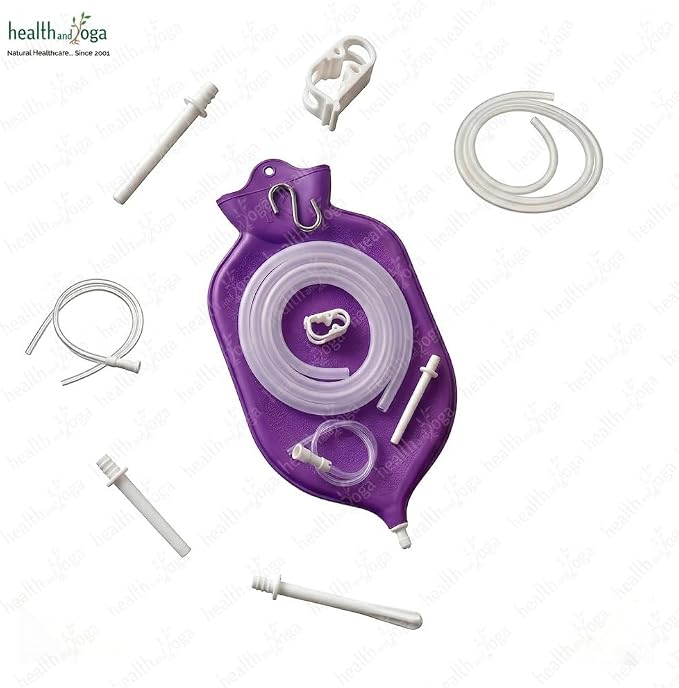 HealthAndYoga™ NaturoFlo Superior Enema Bag Kit with Silicone Tubing Hose and Fittings - 2 Quart Fountain Open top Kit for Fleet Enema and Anal Douche - Purple