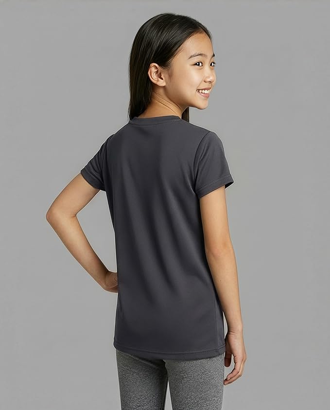 Real Essentials 5 Pack: Girls' Short Sleeve Dry-Fit Athletic T-Shirt - Active Gym Crew Neck Tops for Teens Kids (Ages 4-16)