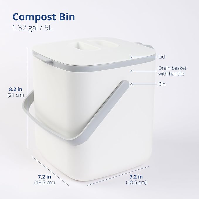 Blue Ginkgo Kitchen Compost Bin, 5L Countertop Compost Bin, White | Odor-Tight. Filter-Free. Dishwasher Safe.