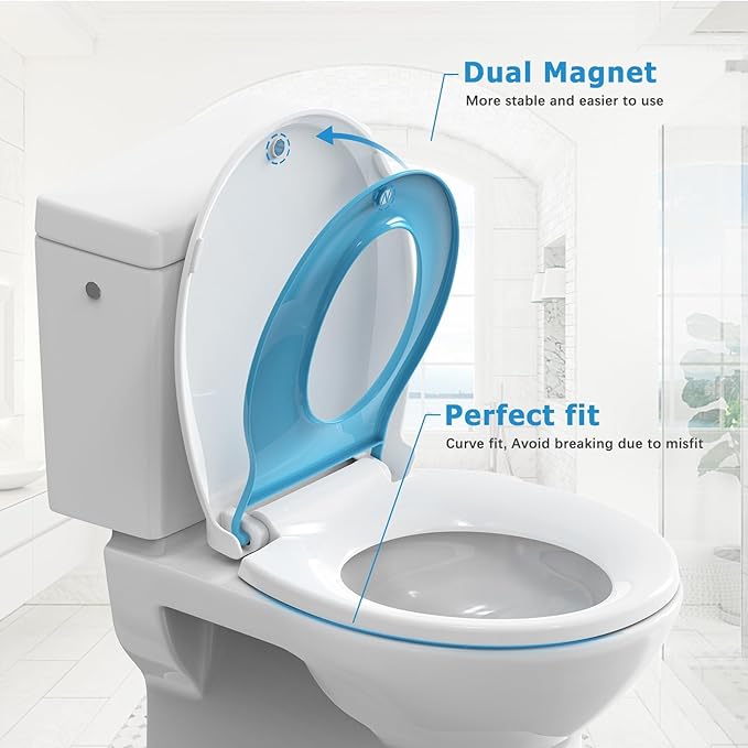 17" Blue Round Potty Training Toilet Seat, Built-In Soft Quiet-Close Lid with Non-Slip Design for Adult and Child, Magnetic Kids Seat, Easy to Install and Clean