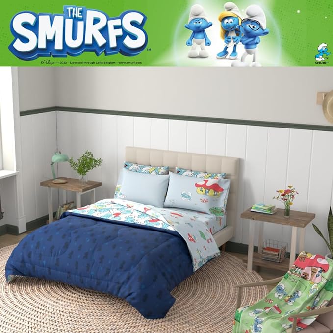 The Smurfs Kids Bedding Super Soft & Cozy Reverisble Microfiber Comforter and Sheet Set with Sham, 7 Piece Queen Size, (Officially Licensed Product) By Franco