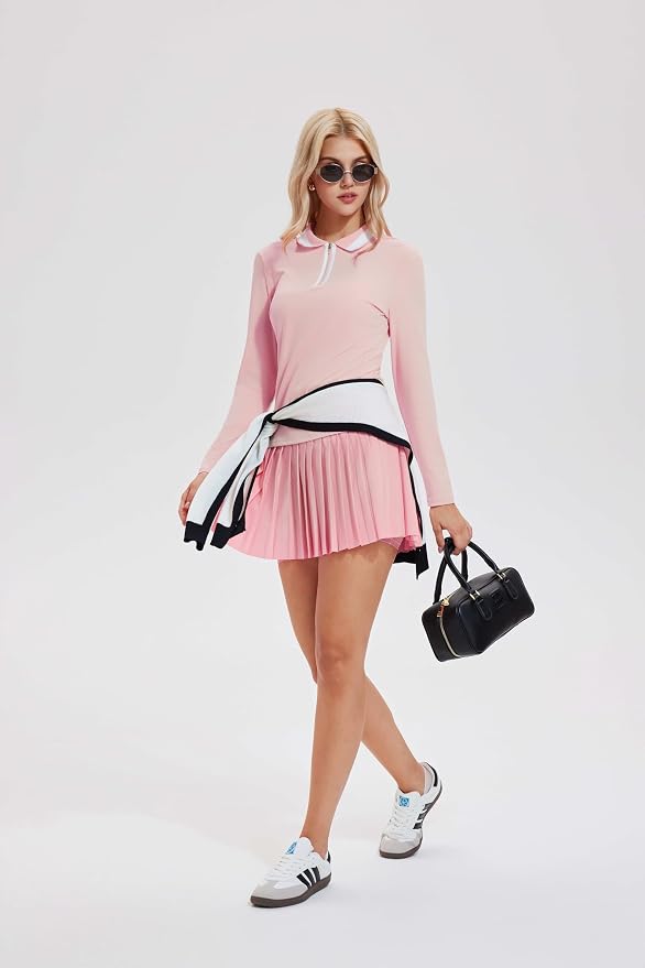 Tennis Skirt Sets for Women Zipper Color Block High Waisted Golf Polo Two Piece Skirt Set Women 2 Piece Outfits