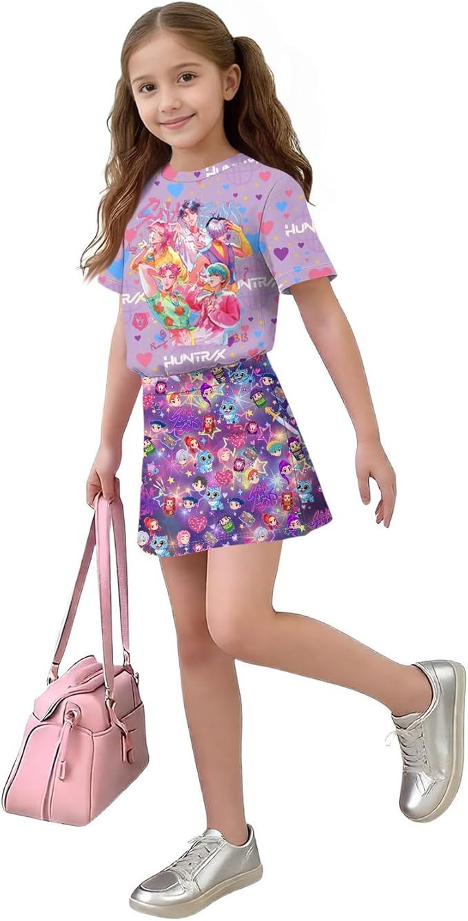 Girls 2-Piece Anime Outfit Set, Short Sleeve Graphic T-Shirt and Printed Skirt Set
